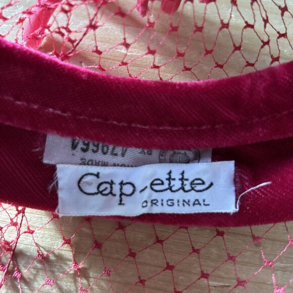 Cap-ette Fascinator Vtg 50s Berry/Mauve Velvet Halo w Netting Hat Union Made - Picture 10 of 10
